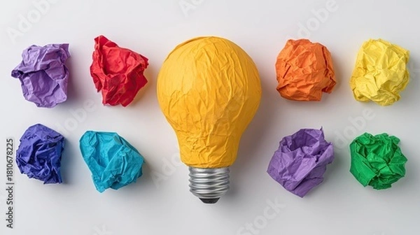 Obraz Colorful crumpled paper balls surrounding a yellow lightbulb.