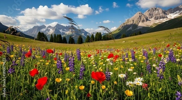 Fototapeta Idyllic Alpine meadow overflowing with vibrant wildflowers under a bright blue sky, mountains in the background