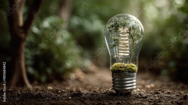 Fototapeta Miniature trees inside a lightbulb, standing on the ground.