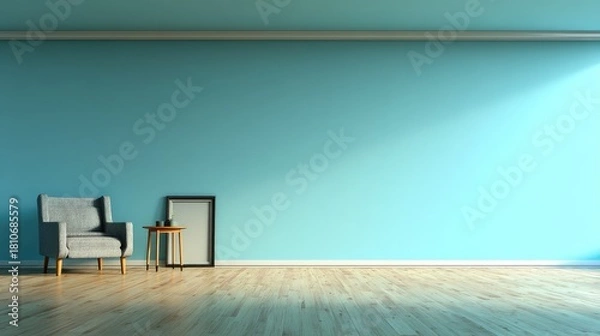Fototapeta Empty light teal room with armchair and small table.