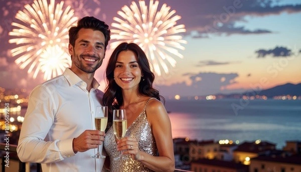 Fototapeta A smiling couple in elegant attire holds champagne glasses while standing together against a vibrant fireworks display over a coastal cityscape during Capodanno Italia.