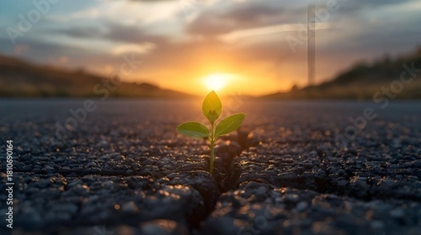 Obraz A newly sprouted plant emerges from cracked ground, glowing softly in the warm light of a dramatic sunset.