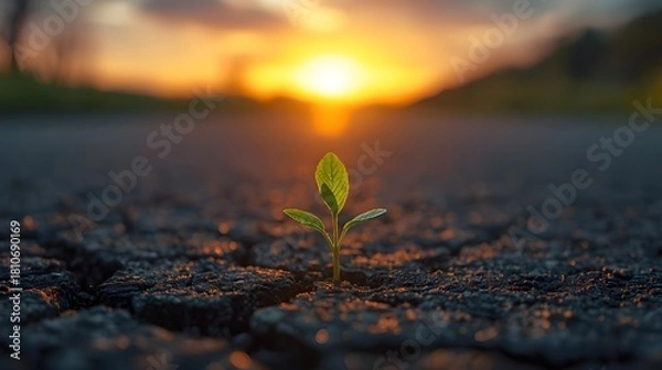 Obraz A newly sprouted plant emerges from cracked ground, glowing softly in the warm light of a dramatic sunset.