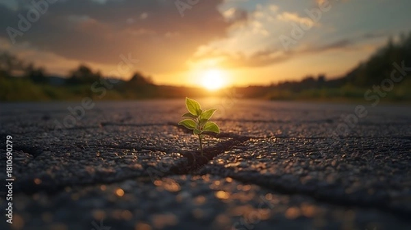 Obraz A newly sprouted plant emerges from cracked ground, glowing softly in the warm light of a dramatic sunset.