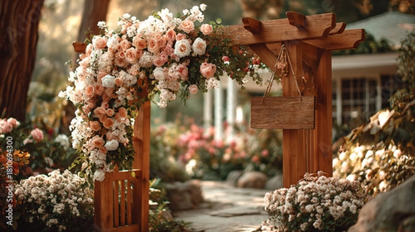 Fototapeta Empty welcome board with flowers in romantic garden.