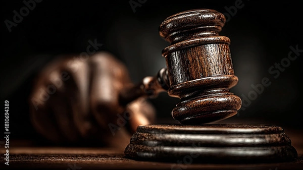 Fototapeta Close-up Judge Hand Striking Gavel in Courtroom.