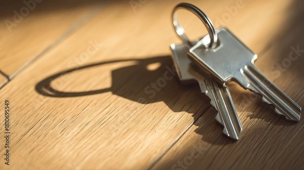 Obraz doorframe. Shiny metal house keys on a wooden surface, symbolizing property transfer in warm light. pitch deck slides.