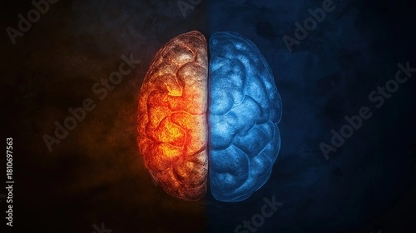 Obraz hemisphere. Split human brain illustration contrasting creative and logical sides with warm and cool colors. wellbeing guides, coaching materials, designed for coaching and self-improvement content.