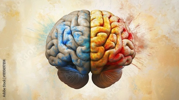 Obraz hemisphere. Split human brain illustration contrasting creative and logical sides with warm and cool colors. wellbeing guides, coaching materials, designed for coaching and self-improvement content.