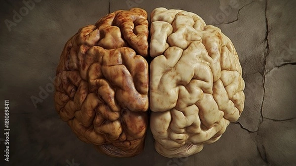 Obraz hemisphere. Split human brain illustration contrasting creative and logical sides with warm and cool colors. wellbeing guides, coaching materials, designed for coaching and self-improvement content.