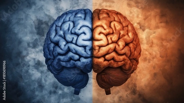 Obraz hemisphere. Split human brain illustration contrasting creative and logical sides with warm and cool colors. wellbeing guides, coaching materials, designed for coaching and self-improvement content.