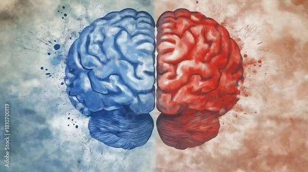 Obraz hemisphere. Split human brain illustration contrasting creative and logical sides with warm and cool colors. wellbeing guides, coaching materials, designed for coaching and self-improvement content.