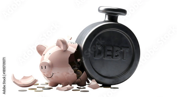 Fototapeta A shattered piggy bank being crushed by a weight labeled DEBT, isolated on transparent background