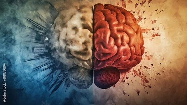 Obraz hemisphere. Split human brain illustration contrasting creative and logical sides with warm and cool colors. wellbeing guides, coaching materials, designed for coaching and self-improvement content.