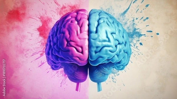 Obraz hemisphere. Split human brain illustration contrasting creative and logical sides with warm and cool colors. wellbeing guides, coaching materials, designed for coaching and self-improvement content.