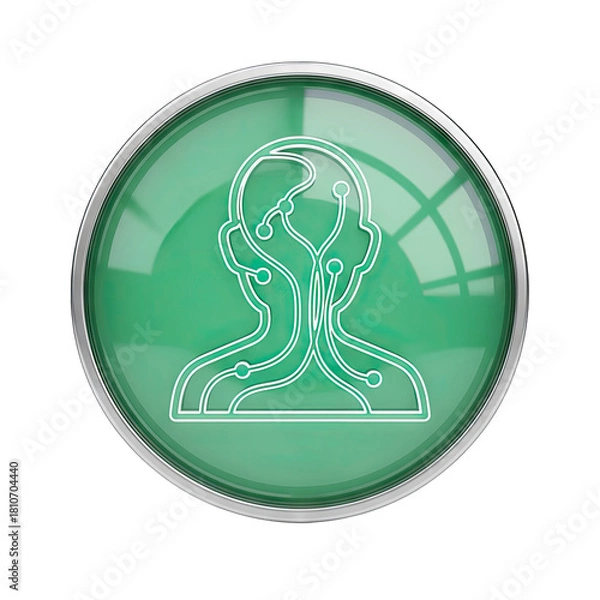 Fototapeta Green glass sphere with outline of human head and circuit board pattern inside isolated on black background with reflections