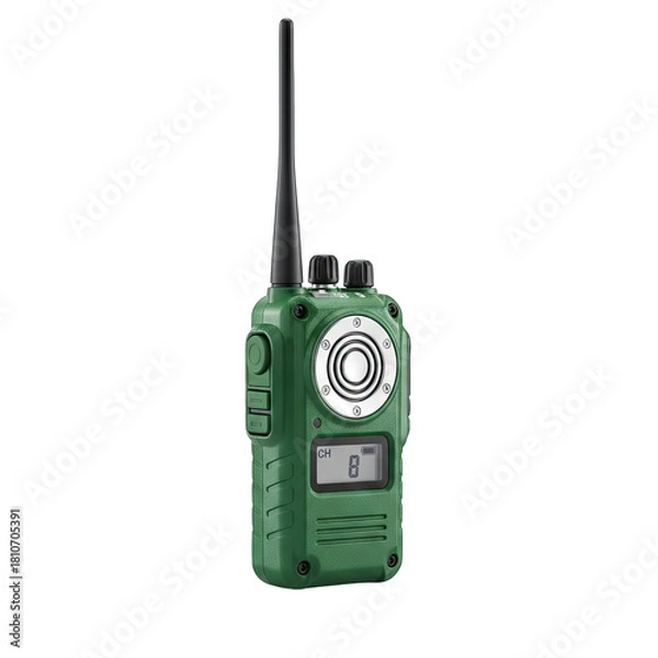Fototapeta Green Handheld Two Way Radio Communicator with Antenna and Digital Display on Black Background