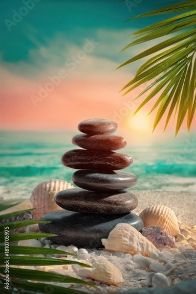 Fototapeta Tall balanced stack of polished stones with white shells and palm fronds on tropical beach, turquoise water and sunset glow for luxury wellness retreat concept