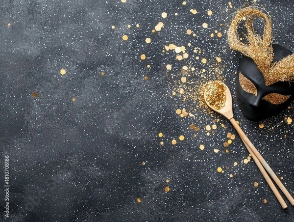 Fototapeta A black masquerade mask adorned with gold glitter sits next to a wooden spoon filled with gold glitter on a dark, textured surface.