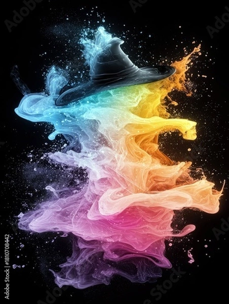Fototapeta A black witch hat is depicted with vibrant, swirling smoke and liquid splashes in rainbow colors against a dark background.