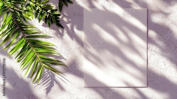 Fototapeta A blank white sheet of paper is placed on a textured surface, with green palm leaves casting dappled shadows.