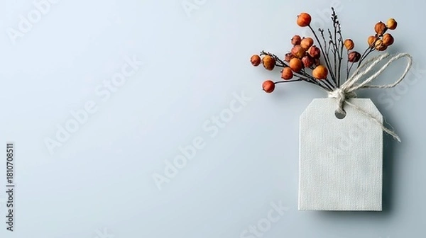 Fototapeta A blank white tag with a twine tie is decorated with dried berries and branches, set against a soft blue backdrop.