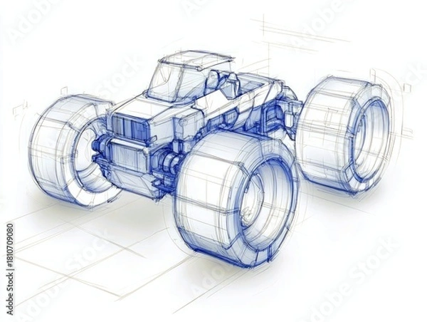 Fototapeta A detailed blue line sketch of a futuristic, rugged off-road vehicle with oversized tires and a complex chassis.