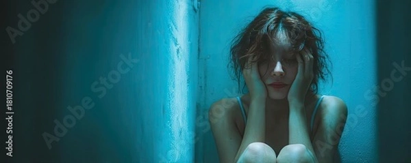 Obraz Stressed young woman covering face in anxiety concept. A contemplative figure in a dimly lit space evokes deep emotions.