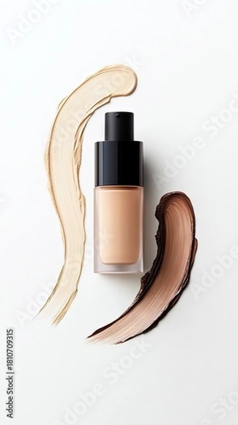 Fototapeta A bottle of liquid foundation with a black pump dispenser sits on a white surface, surrounded by swatches of light and dark foundation.