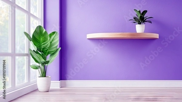 Fototapeta A minimalist interior scene featuring a large window, a vibrant purple wall, a wooden shelf with a small plant, and a large potted plant by the window.