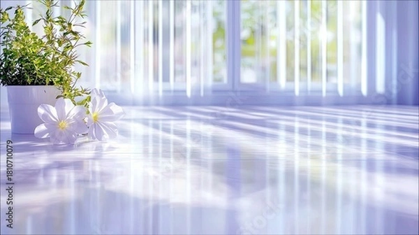 Fototapeta Sunlight streams through vertical blinds in a bright room, casting striped shadows on a reflective floor, with a potted plant and white flowers.