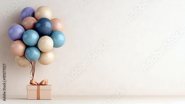 Fototapeta A cluster of pastel-colored balloons is tied with ribbons to a small gift box, creating a festive and celebratory scene.