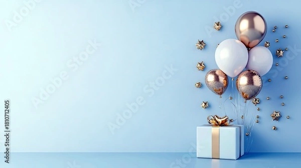 Fototapeta A festive arrangement of white and rose gold balloons floats above a gift box, surrounded by scattered gold stars and confetti against a soft blue backdrop.