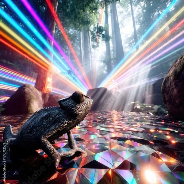 Fototapeta A chameleon stands on a reflective, faceted surface in a forest, illuminated by bright, colorful light beams streaming through the trees.