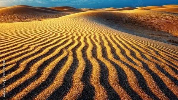 Obraz Top-down view of rippled desert sand concept. Golden sand dunes create beautiful waves under a clear blue sky.