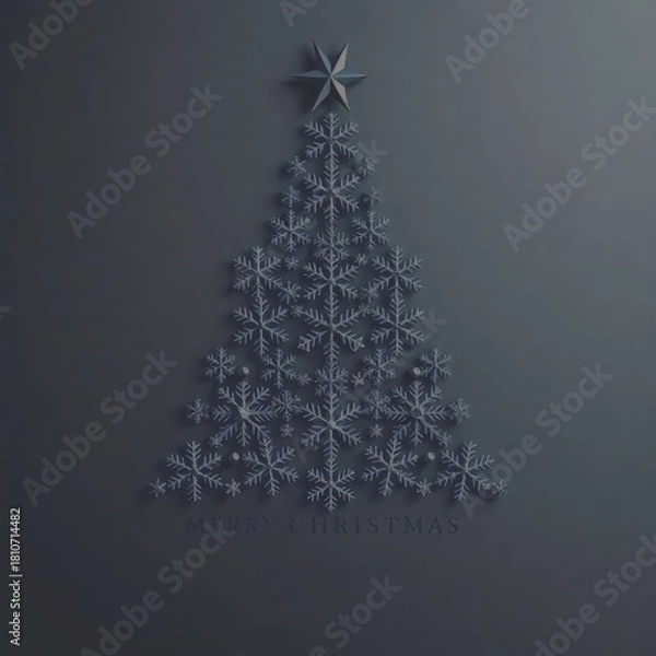Obraz Minimalist Black Christmas Tree made of Snowflakes and Star on Dark Background Holiday Design_6