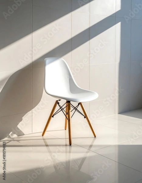 Fototapeta Modern white chair illuminated by sunlight casting a shadow on a wall