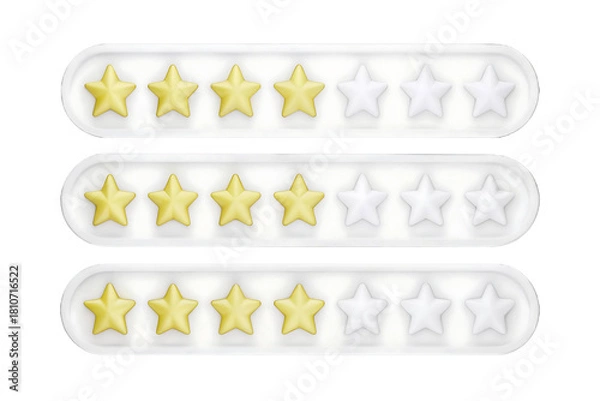 Fototapeta Isolated 3D Rendering of Three Levels of Golden Star Ratings (3, 4, and 5 Stars), Representing User Feedback and Product Quality, Transparent PNG File