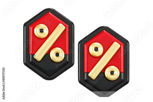 Fototapeta Isolated 3D Rendering of Hexagonal Percentage Icons in Black and Red with Gold Signs, Perfect for Discount and Sale Promotions, Transparent PNG File