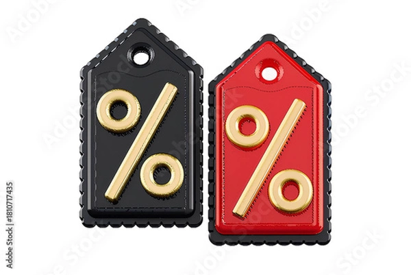 Fototapeta Isolated 3D Rendering of Black and Red Price Tags with Golden Percentage Signs, Symbolizing Discounts, Sale, and Shopping Promotions