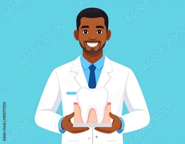 Fototapeta Smiling dentist in a white coat holding a tooth model on a blue backdrop