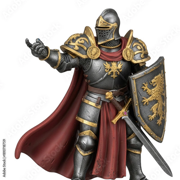 Fototapeta Knight in shining armor with detailed gold accents and a red cape stands ready for battle holding a sword and shield on a transparent background