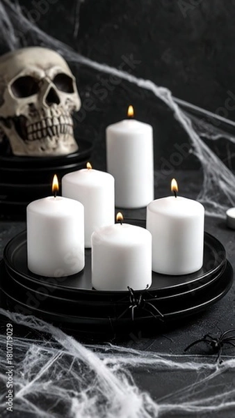 Fototapeta Spooky Halloween still life with skull, candles, plates, and cobwebs