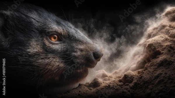 Obraz A close-up of a fierce Badger showcasing intricate details of its fur and eye, set against a dramatic backdrop of dust and shadow.
