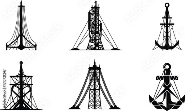 Obraz Industrial silhouettes of towers, anchors, and launch structures in black vector style, blending engineering and nautical themes for technical design concepts.