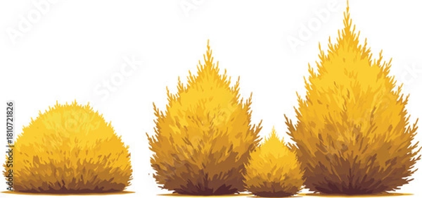 Fototapeta Stylized autumn bushes in gradient yellow orange tones, fluffy foliage shrubs with pointed tips, seasonal nature vector for decorative design