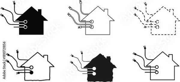 Fototapeta Smart home electricity icons set with plugs and sockets in various house styles for energy, power, and technology concepts