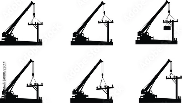 Obraz Construction crane lifting operations vector set with beam, block, hook, silhouette icons for industrial, engineering, and building design