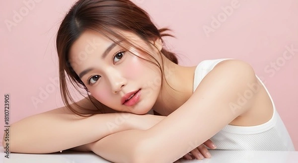 Obraz Soft Portrait of Asian Woman Posing with Arms on Pink Background