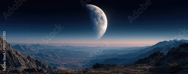 Obraz Large moon shining over barren rocky landscape concept. Stunning view of a distant planet over a rugged landscape.